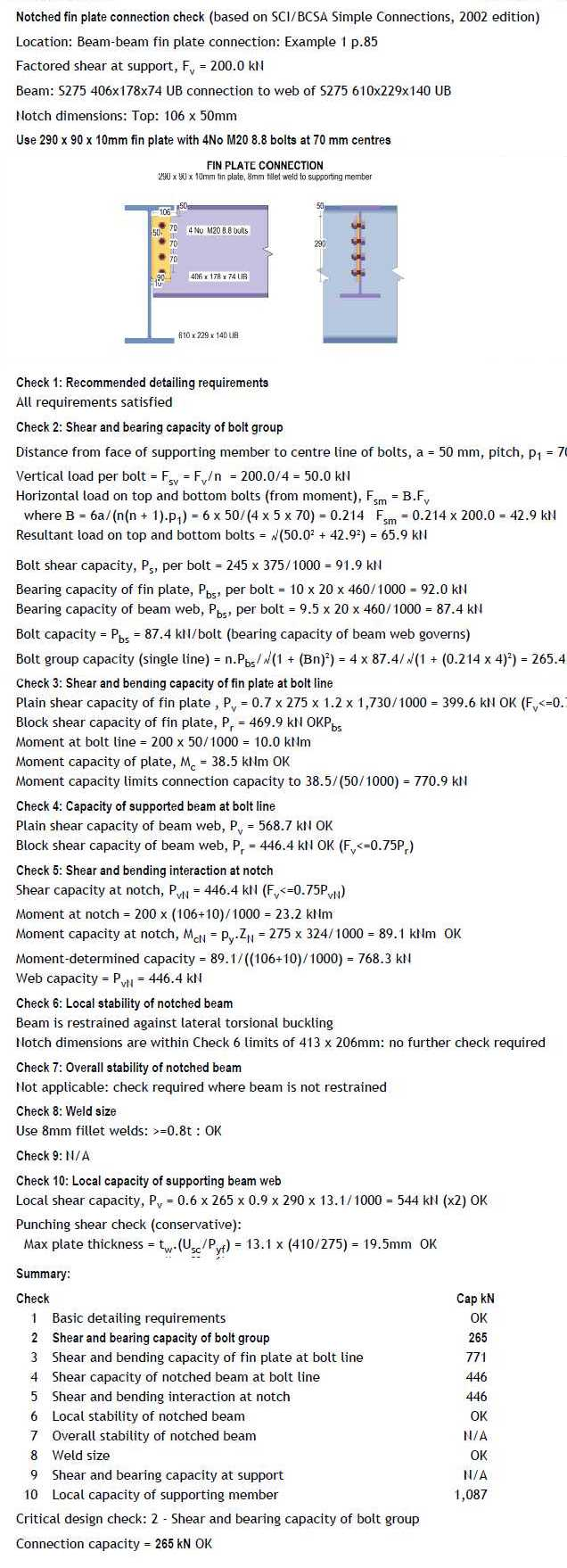 Typical ProSteel fin plate connection calculation